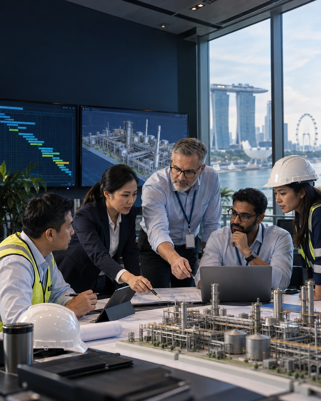 Project team reviewing a schedule and plant model in a Singapore office overlooking Marina Bay