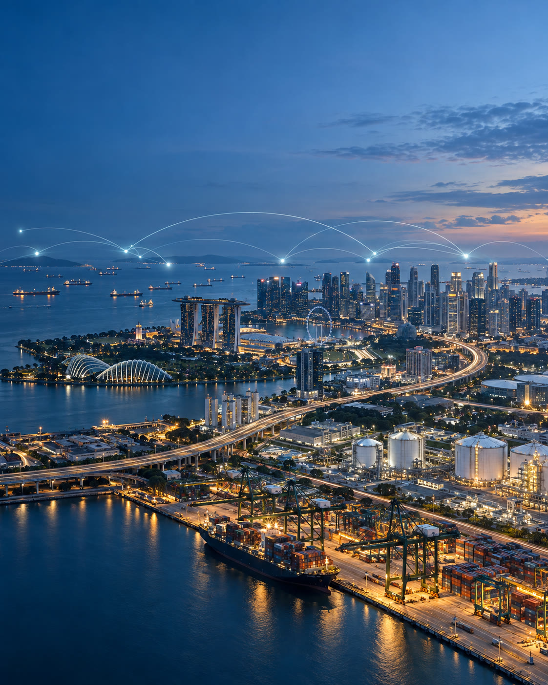 Singapore skyline and port at dusk with connection lines across the region