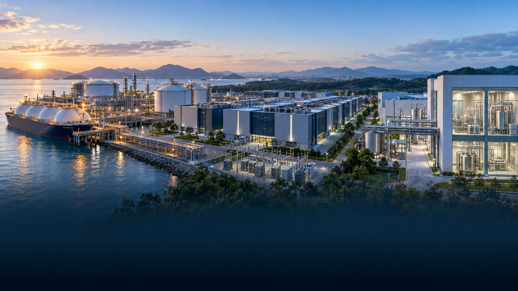 LNG carrier at a terminal beside a data centre campus and a pharmaceutical plant at sunset