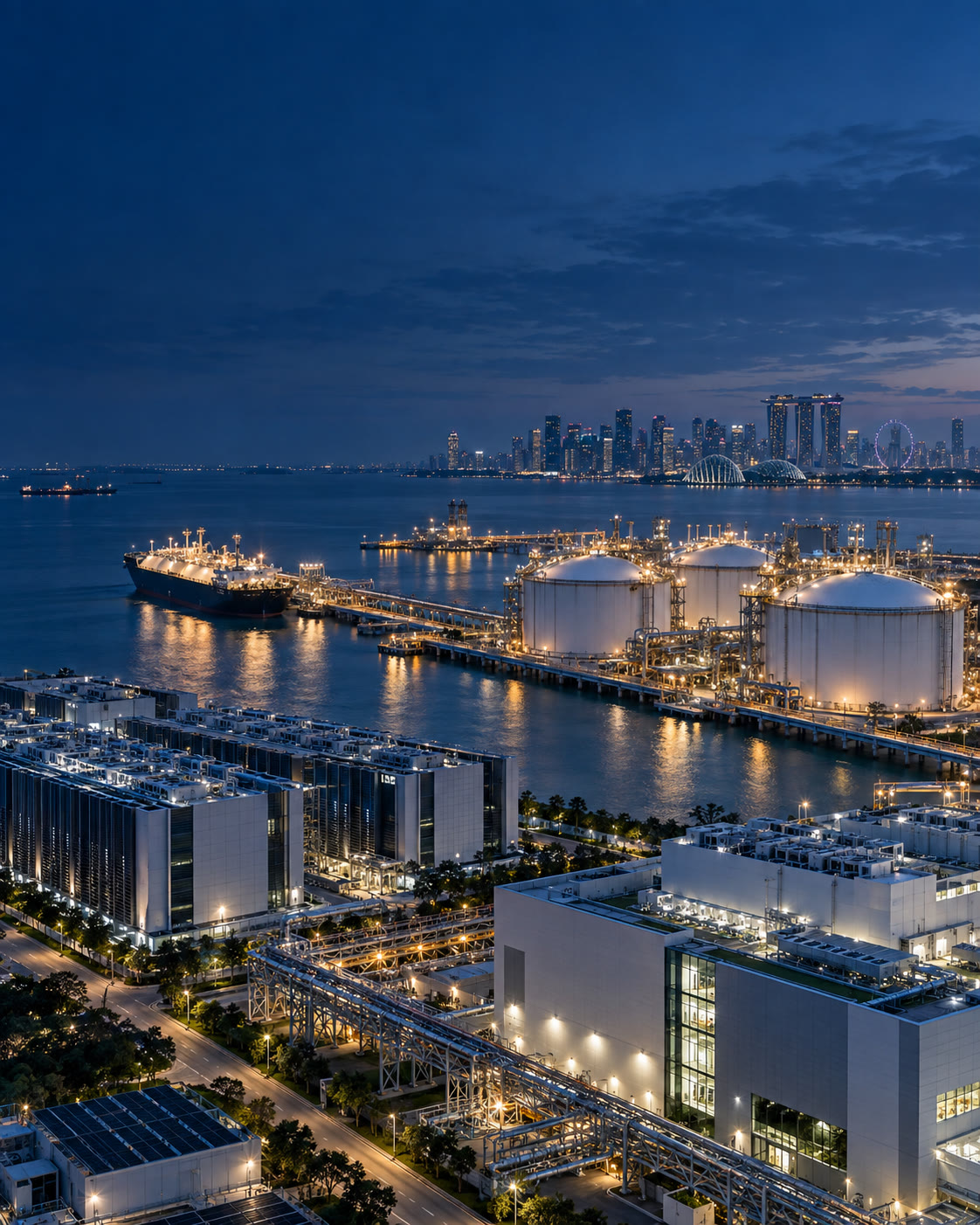 LNG storage tanks and data centres on the Singapore waterfront at night