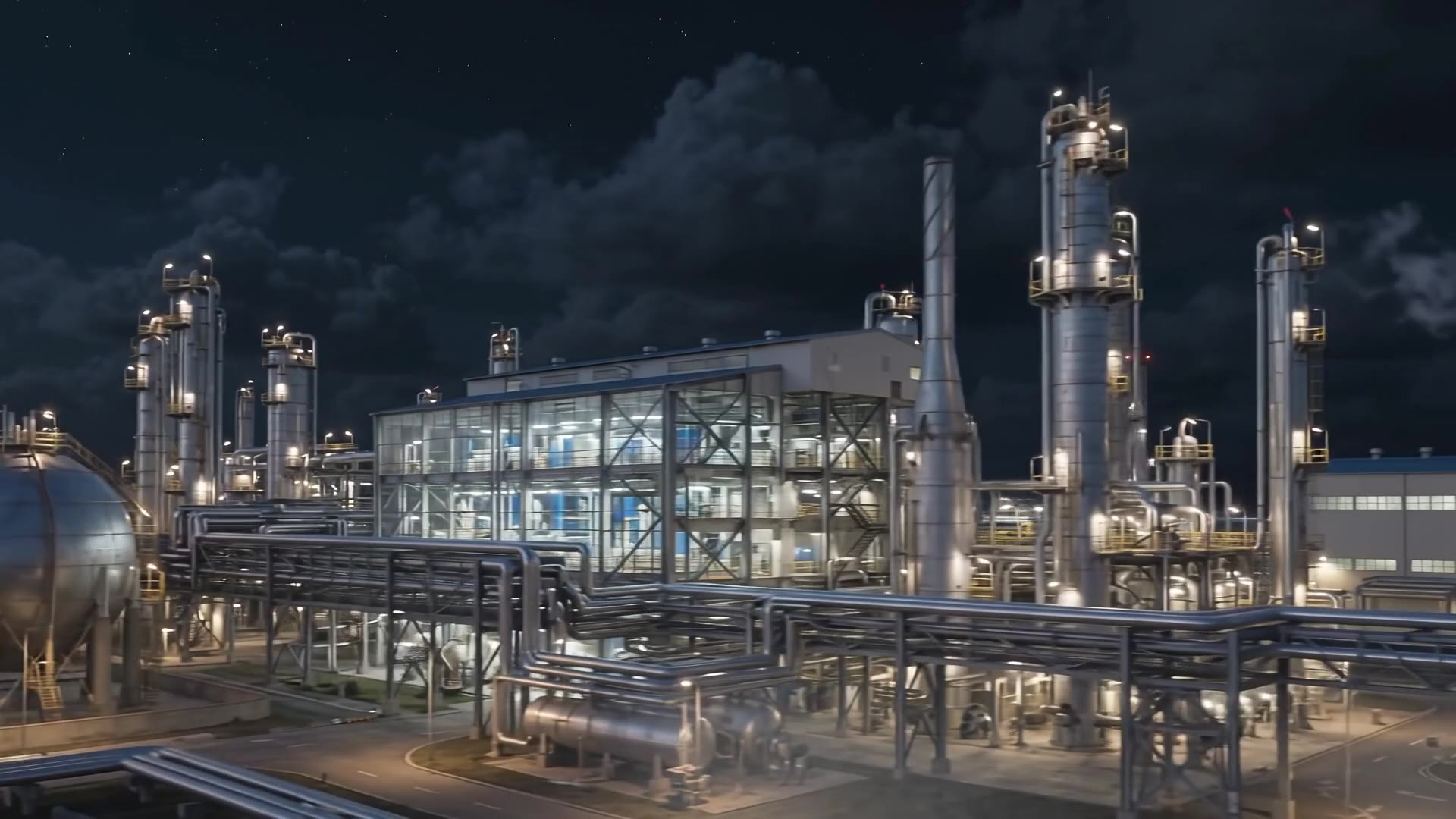 Process plant with distillation columns and pipe racks at night