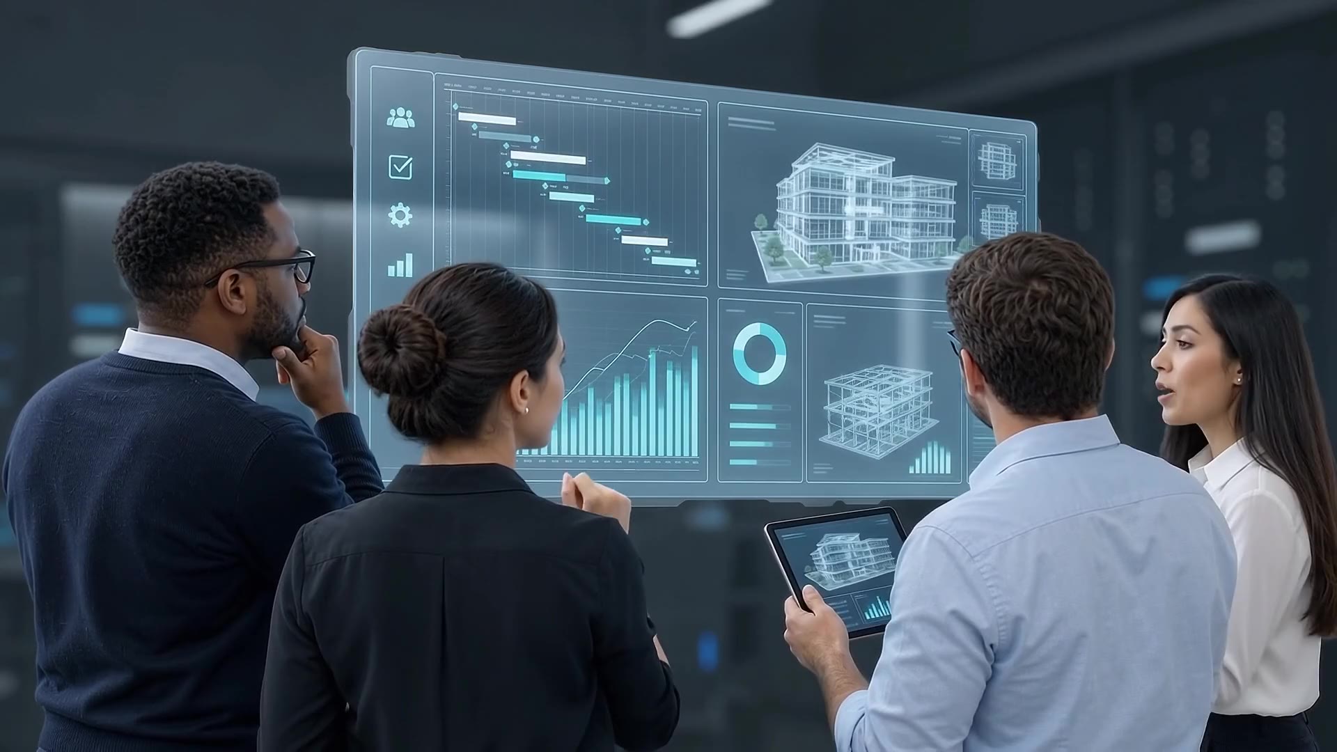 Project team reviewing a schedule and building model on a digital display